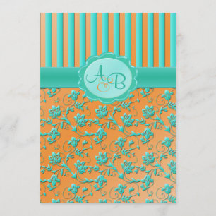 Teal & Tangerine Floral Stripe Monogram Invitation