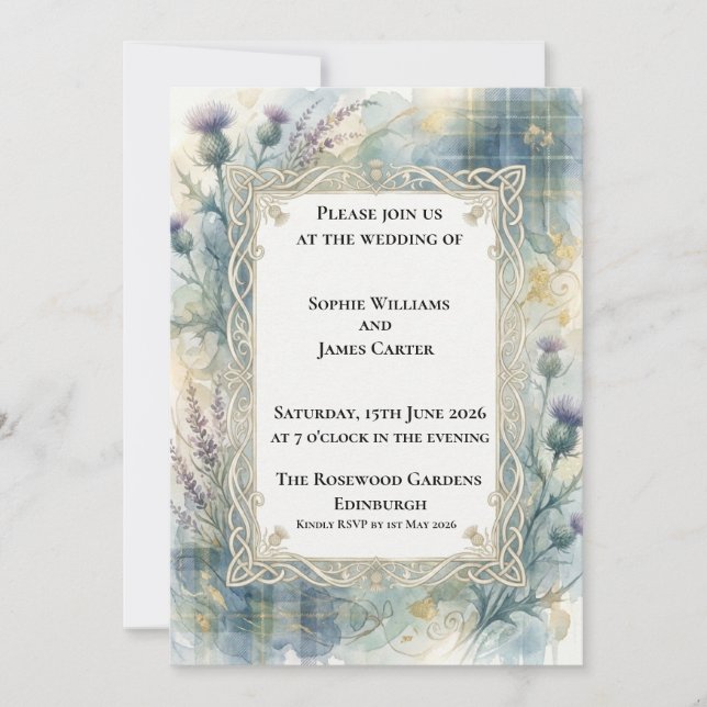 Teal Tartan Celtic Thistle Scottish Wedding Invitation (Front)
