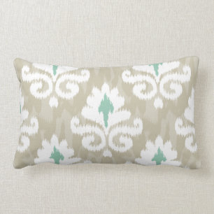 Teal & Taupe Ikat Turquoise Ethnic Boho Print Lumbar Cushion