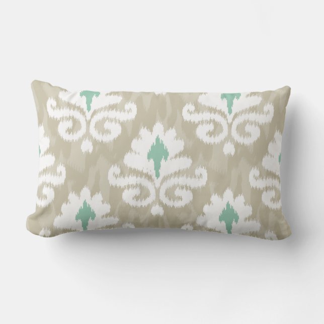 Teal & Taupe Ikat Turquoise Ethnic Boho Print Lumbar Cushion (Front)