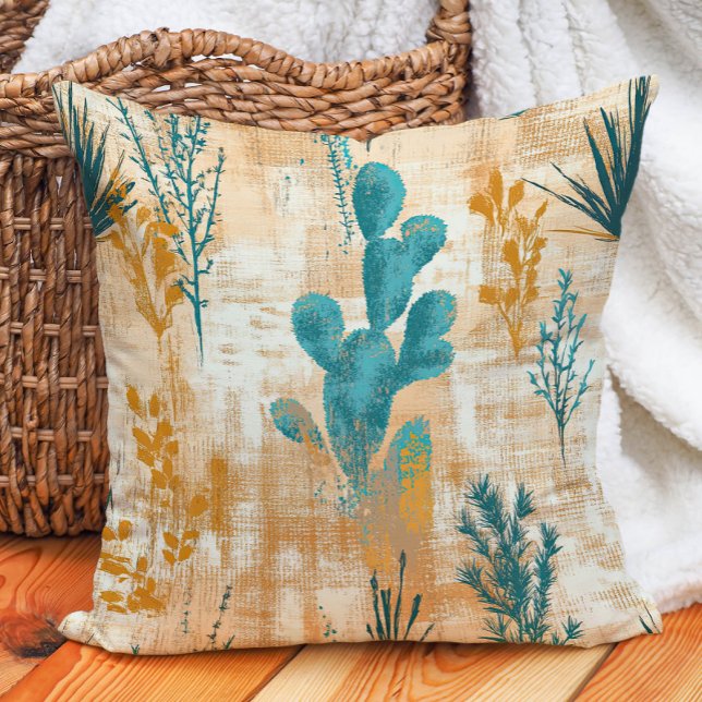 Teal Taupe Rustic Farmhouse Desert Cactus Cushion (Teal Taupe Rustic Farmhouse Desert Cactus Throw Pillow)