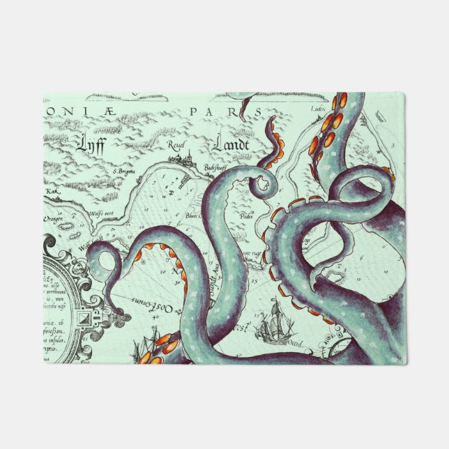 Teal Tentacles On Teal Vintage Map Doormat (Front)