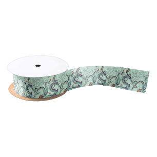 Teal Tentacles On Teal Vintage Map Satin Ribbon