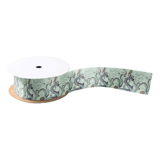 Teal Tentacles On Teal Vintage Map Satin Ribbon (Spool)