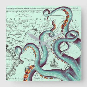 Teal Tentacles On Teal Vintage Map Square Wall Clock
