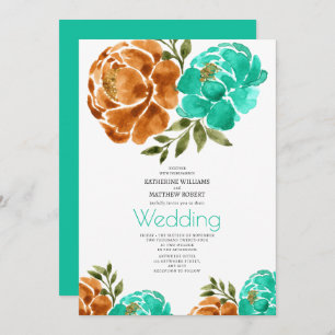 Teal Terracotta Watercolor Floral Boho  Invitation