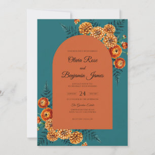 Teal Terracotta Zinnia Eucalyptus Wedding Invitation