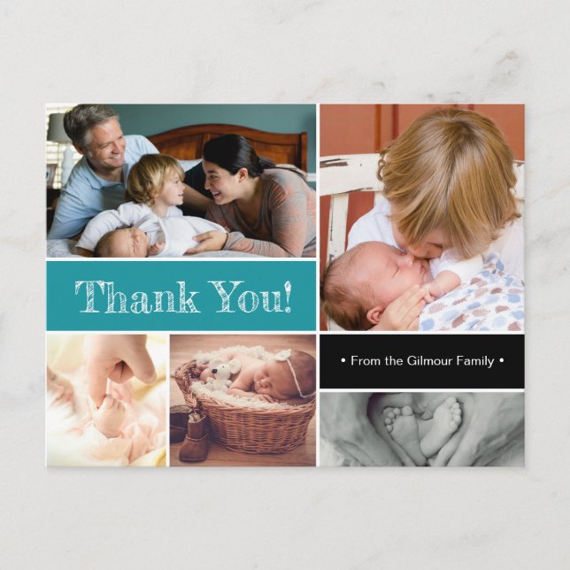 Teal Thank You Introducing Second baby Photos Announcement Postcard (Front)