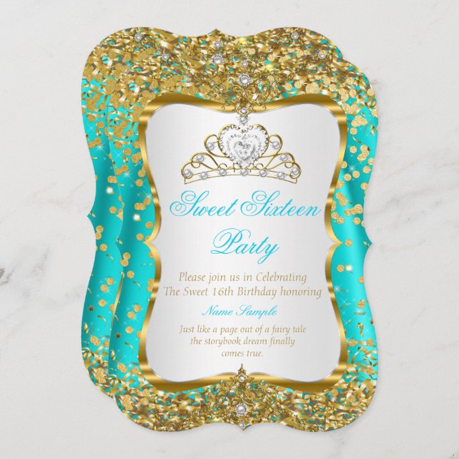 Teal Tiara Princess Sweet 16 Gold White Invite (Front/Back)