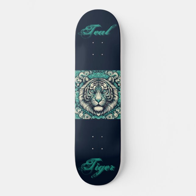 Teal Tiger in Scrolly Square Skateboard (Front)
