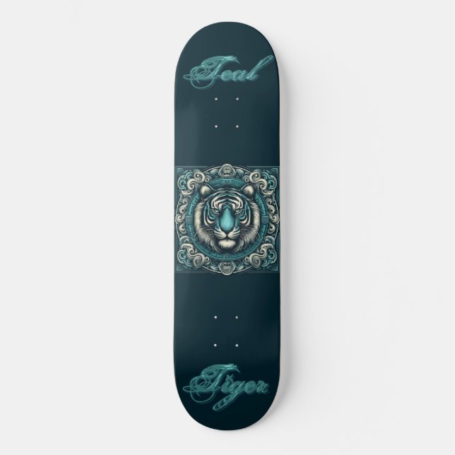 Teal Tiger in Scrolly Square Too Skateboard (Front)