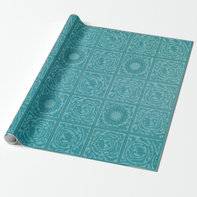 Teal Tile Pattern (by William Morris) Wrapping Paper (Unrolled)