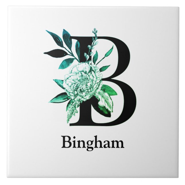 Teal Tint Floral Monogram Letter B Ceramic Tile (Front)