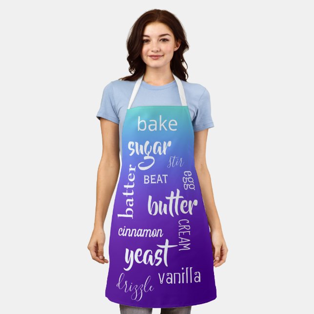 Teal to Purple Baking Words Apron (Worn)