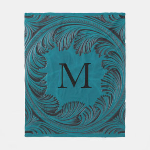 Teal Tooled Faux Leather Western Floral Decor Fleece Blanket