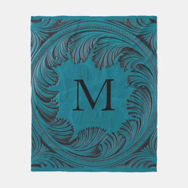 Teal Tooled Faux Leather Western Floral Decor Fleece Blanket (Front)