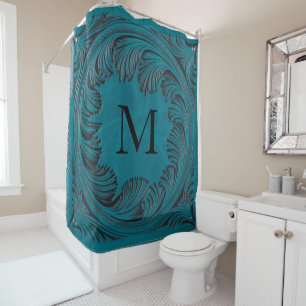 Teal Tooled Faux Leather Western Floral Decor Shower Curtain