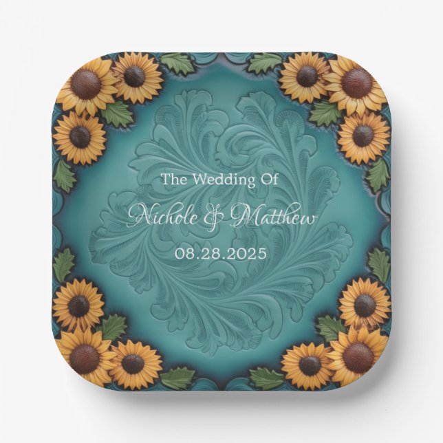 Teal Tooled Leather Sunflower Border Wedding Paper Plate (Front)