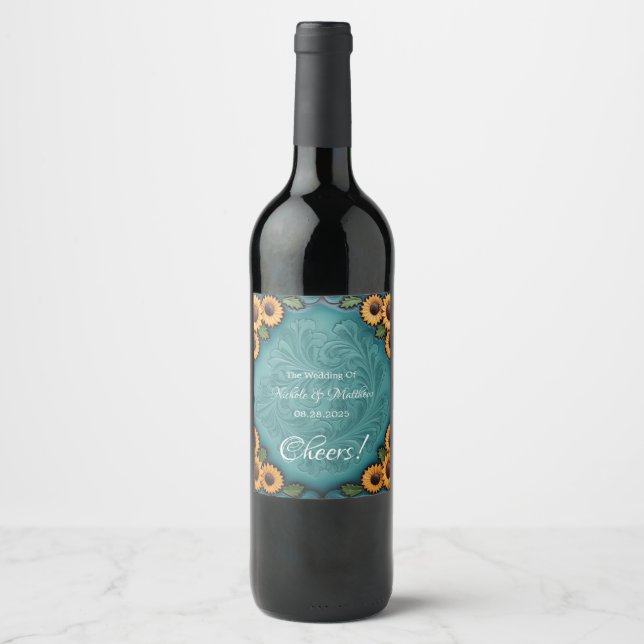 Teal Tooled Leather Sunflower Border Wedding Wine Label (Front)