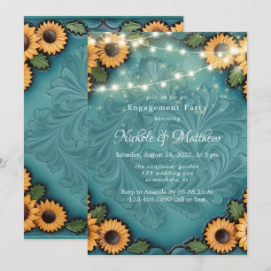 Teal Tooled Leather Sunflower Engagement Party Invitation