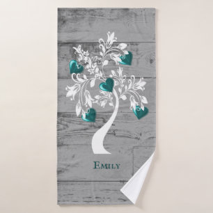 Teal Tree of Hearts Personalised Bath Towel Set