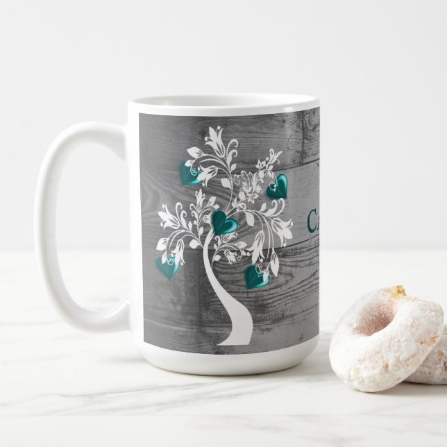Teal Tree of Hearts Personalised Coffee Mug (With Donut)