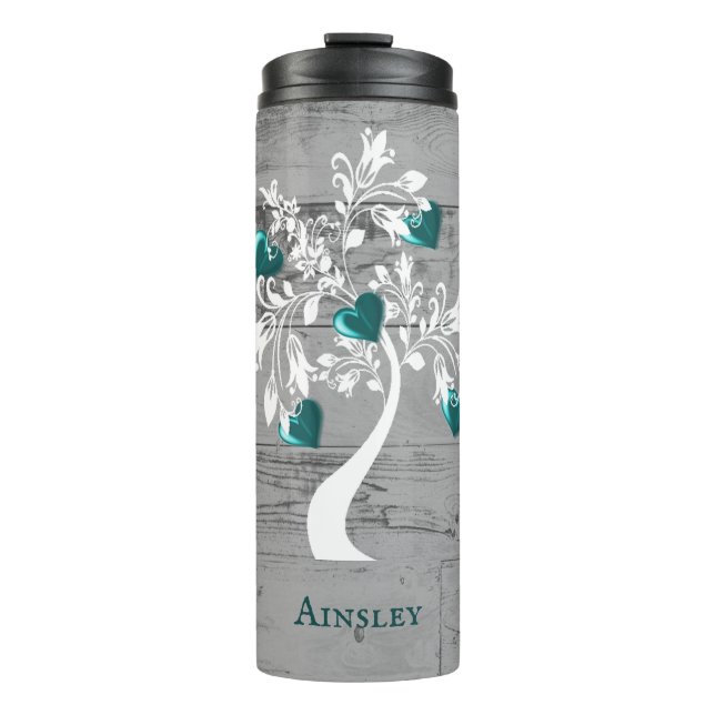 Teal Tree of Hearts Personalised Thermal Tumbler (Front)