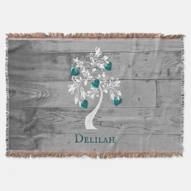 Teal Tree of Hearts Personalised Throw Blanket (Front)