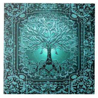 Teal Tree of Life Ancient Rustic Ceramic Tile