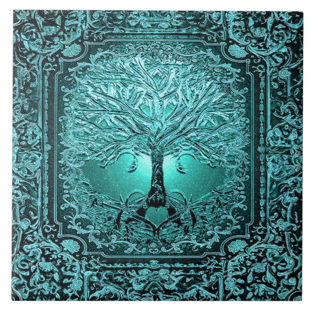 Teal Tree of Life Ancient Rustic Ceramic Tile (Front)