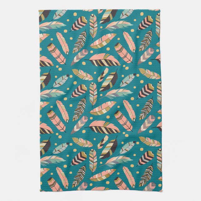 Teal Tribal Feather Pattern Tea Towel (Vertical)
