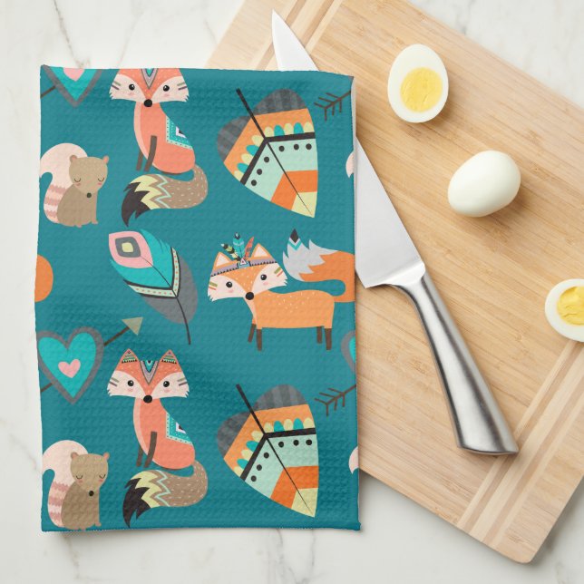 Teal Tribal Fox Pattern Kitchen Tea Towel (Quarter Fold)