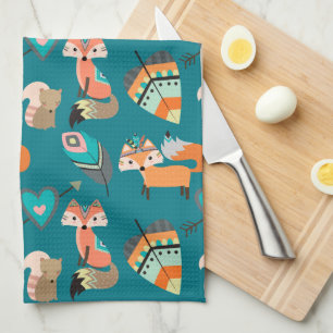Teal Tribal Fox Pattern Tea Towel