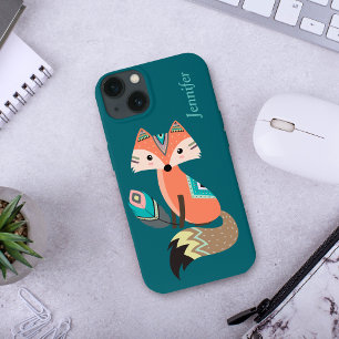 Teal Tribal Fox with Feather iPhone 13 Case