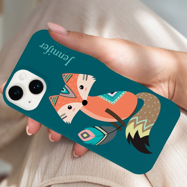 Teal Tribal Fox with Feather Case-Mate iPhone Case (Creator Uploaded)