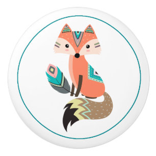 Teal Tribal Fox with Feather Ceramic Knob