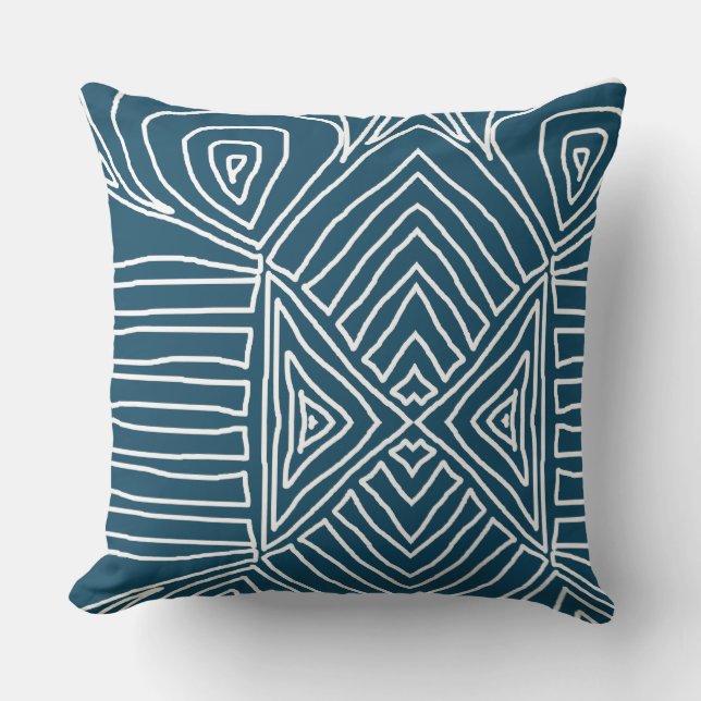 teal Tribal Maze Mud Cloth Pattern African Cushion (Front)