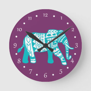 Teal Tribal Walking Elephant Round Clock