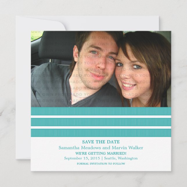 Teal Triple Stripe Photo Save the Date Invite (Front)