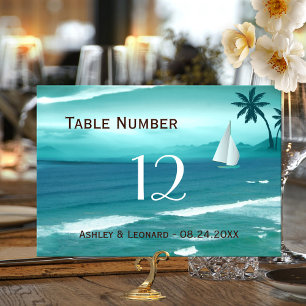 Teal Tropical Beach Wedding Table Number Card