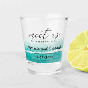 Teal Tropical Destination Wedding Save the Date Shot Glass