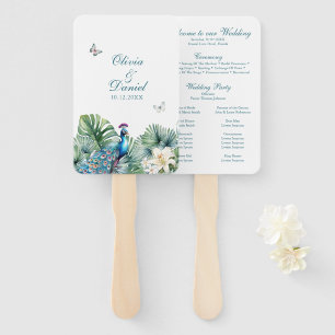 Teal Tropical Flowers Peacock Wedding Program Hand Fan