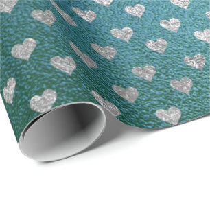 Teal Tropical Green Glass Silver Hearts Gray Wrapping Paper