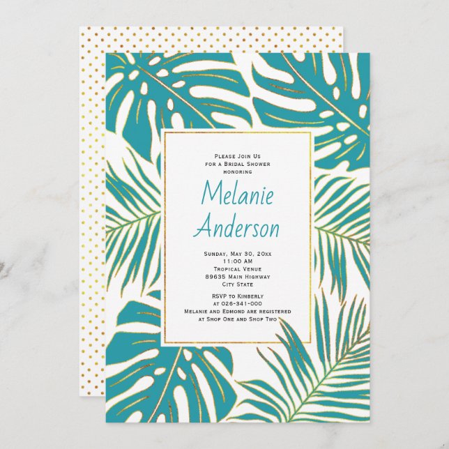 Teal tropical leaves wedding bridal shower invitation (Front/Back)