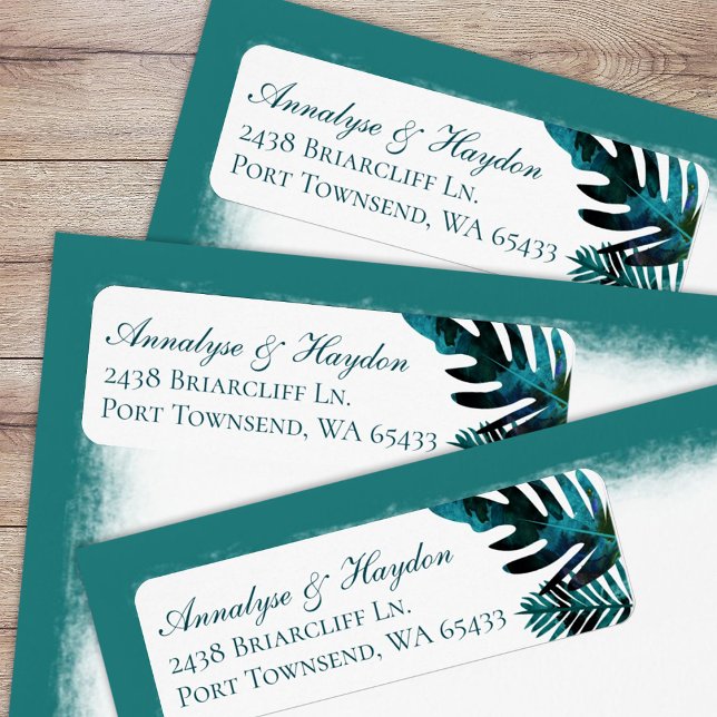 Teal Tropical Leaves Wedding Return Address Label (tropical teal green, turquoise island palm leaves, fern leaf, monstera return address labels)
