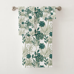 Teal Tropical Monstera Botanical White Leafs Green Bath Towel Set