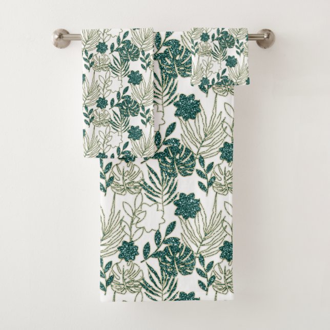 Teal Tropical Monstera Botanical White Leafs Green Bath Towel Set (Insitu)