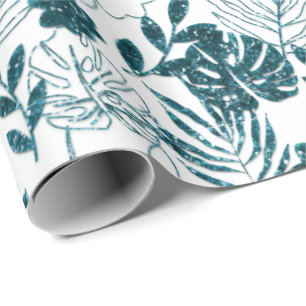 Teal Tropical Monstera Botanical White Leafs Palm Wrapping Paper