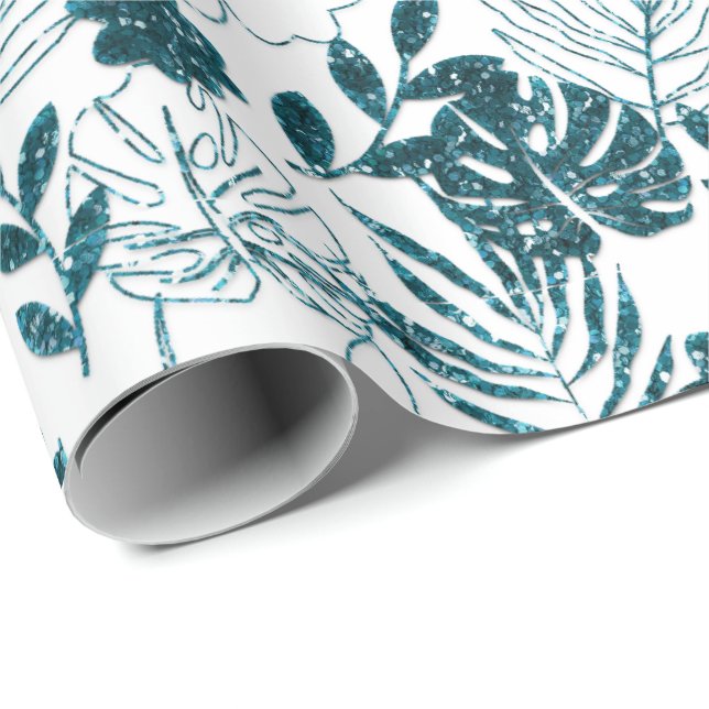 Teal Tropical Monstera Botanical White Leafs Palm Wrapping Paper (Roll Corner)