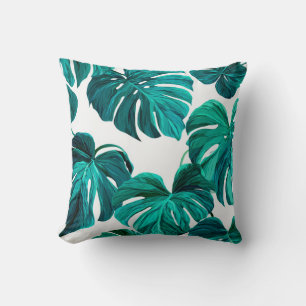 Teal Tropical Monstera Leaf Seamless Pattern Art Cushion